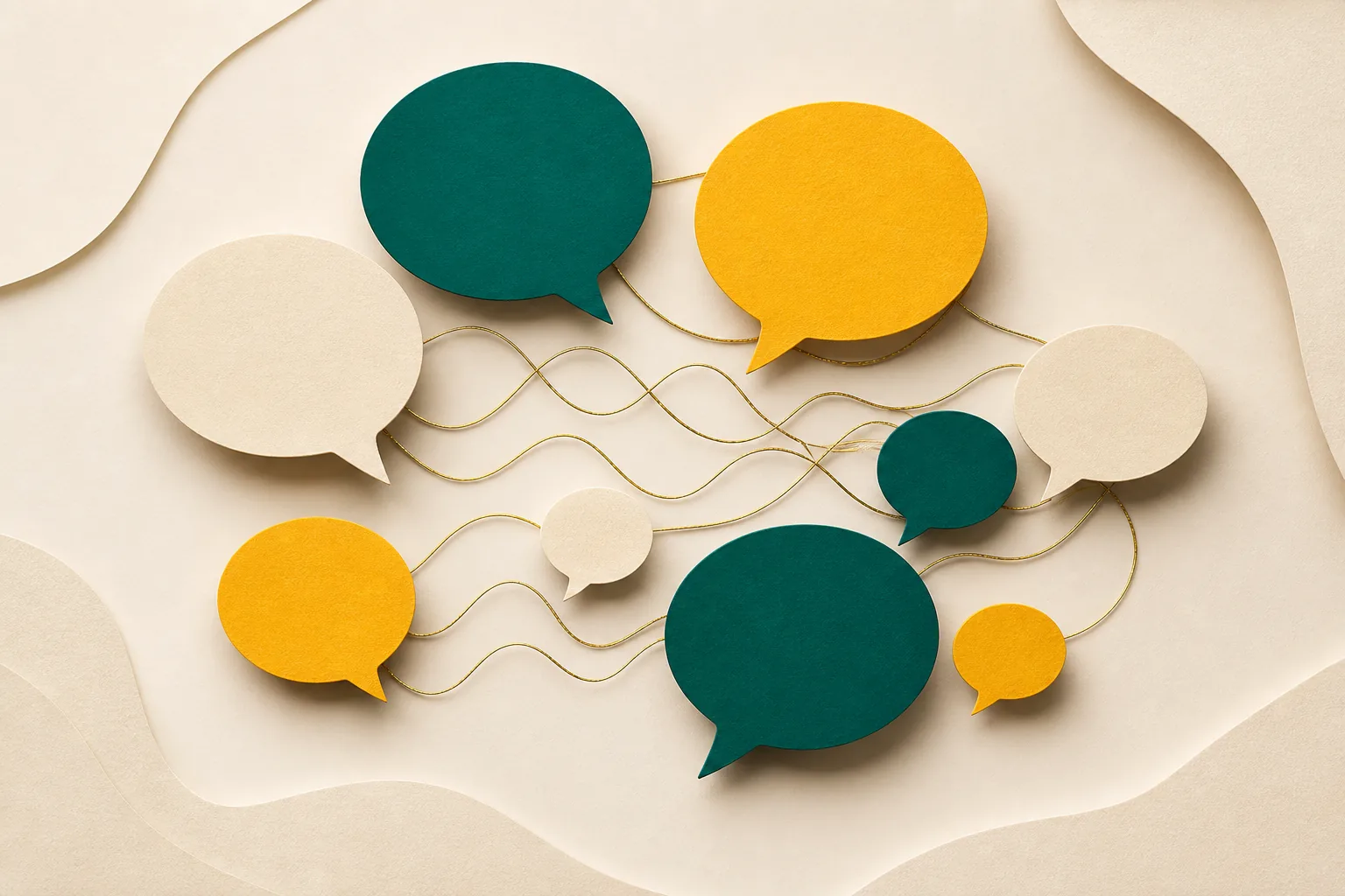Paper-craft illustration: speech bubbles of different sizes gathered in conversation, linked by gold waveform threads