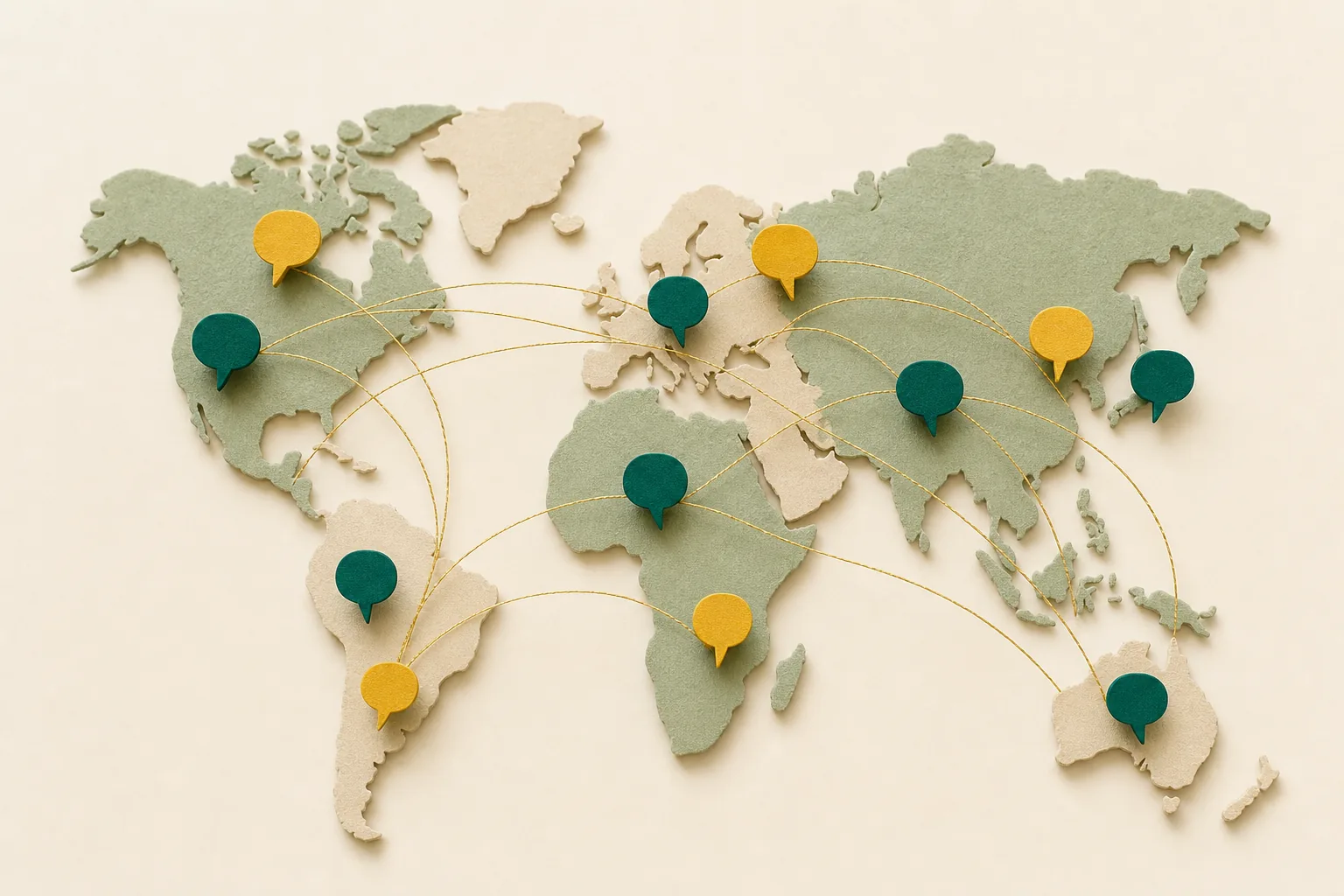 Paper-craft illustration: a world map with speech bubbles rising across the continents, joined by gold threads