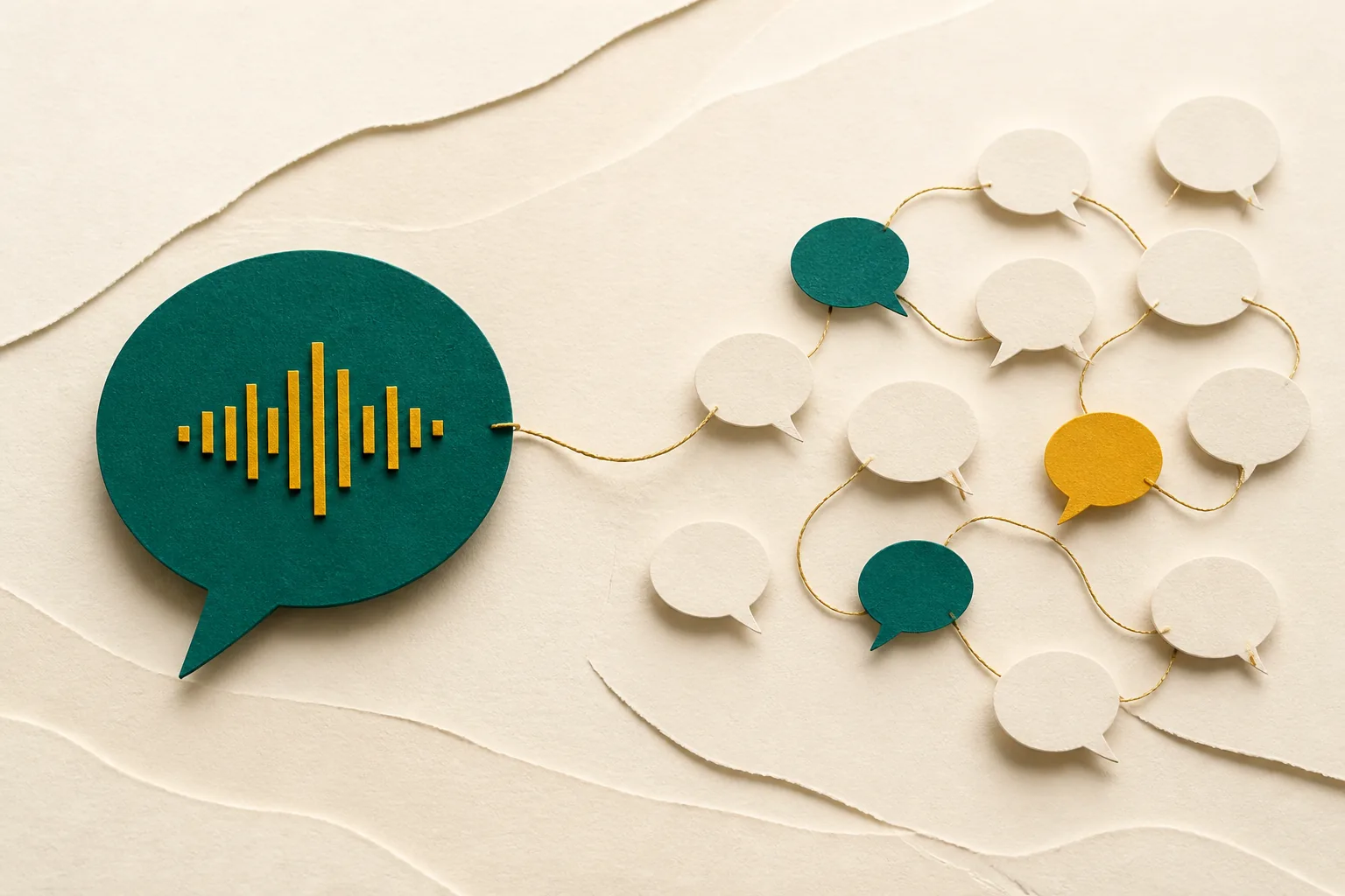 Paper-craft illustration: one teacher voice note with a gold waveform, connected by a gold thread to a staff of smaller speech bubbles