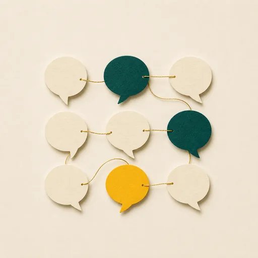 Paper-craft illustration: a grid of speech bubbles joined by a single gold thread