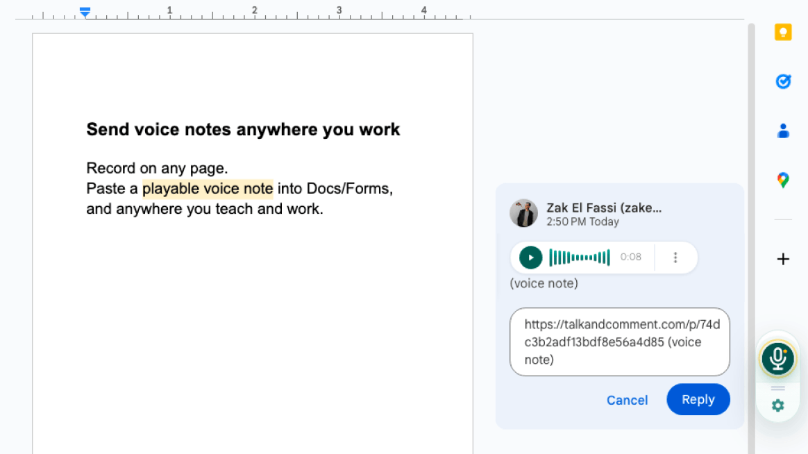 A playable Talk & Comment voice note in a comment reply on a real Google Doc, with the collapsed recorder microphone floating at the edge
